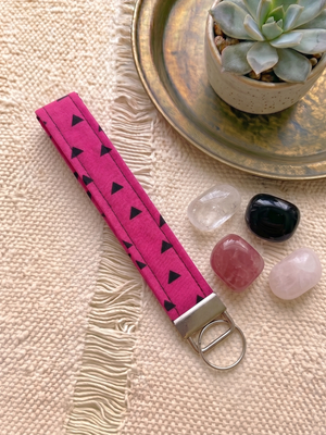 New Handmade Hot Pink Black Geometric Triangle Fabric Key Fob Wristlet Keychain