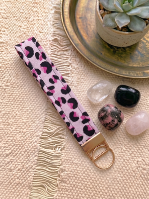 New Handmade Light Pink Leopard Cheetah Print Fabric Key Fob Wristlet Keychain