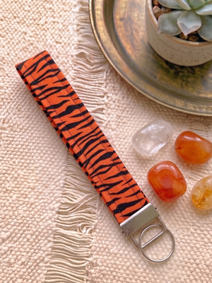 New Handmade Orange Black Tiger Zebra Stripe Fabric Key Fob Wristlet Keychain