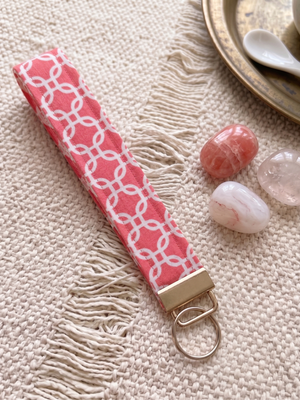 New Handmade Coral Pink White Trellis Lattice Geometric Fabric Key Fob Wristlet Keychain