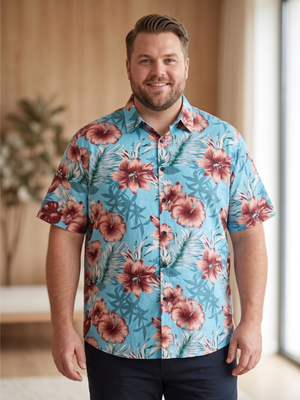 JOGAL Turquoise Blue & Coral Floral Tropical Hawaiian Short Sleeve Beach Button Up Shirt 2XL