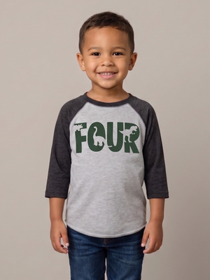 Rabbit Skins Toddler Grey & Charcoal "FOUR" Dinosaur Silhouette 4th Birthday 3/4 Sleeve Raglan Baseball Tee Size 5/6