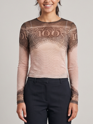 Y2K Vintage 100 Dollar Banknote Money Print Sheer Mesh Long Sleeve Crop Top XSmall