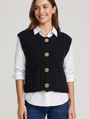 Black Chunky Ribbed Knit Button-Front Cropped Sweater Vest Hammered Gold Buttons Small