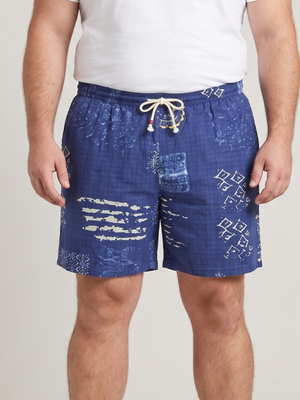 JOGAL Indigo Blue Batik Patchwork Print Cotton Blend Drawstring Beach Shorts 3XL