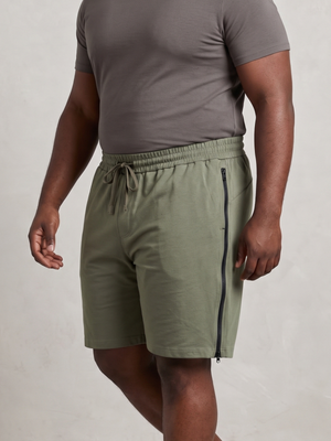 Olive Army Green Athletic Lounge Shorts Full Length Side Zippers Drawstring Pockets Large