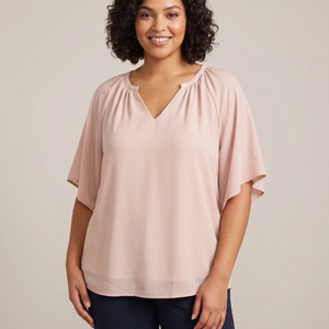 Blush Nude Pink Split V-Neck Flutter Kimono Sleeve Flowy Chiffon Tunic Blouse XL