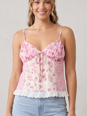 Pink Patchwork Rose Floral Lace Trim Tie-Front Ruffle Hem Babydoll Cami Tank Top Medium
