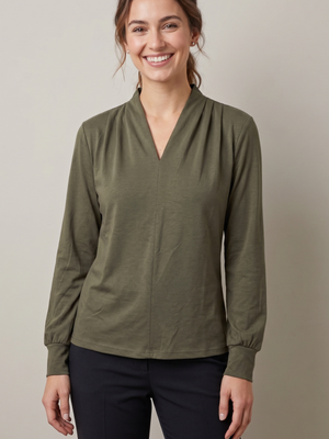 Women's Olive Green Long Sleeve Top V-Neck Choker Collar Shirt Medium
