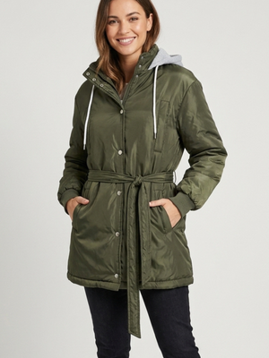 Women's Army Green Hooded Puffer Jacket Belted Small