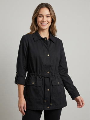 Women's Black Utility Jacket Drawstring Waist Canvas Coat Medium