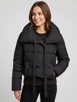 Women's Black Quilted Puffer Bomber Jacket Oversized Funnel Collar Small