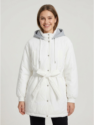 Women's White Hooded Puffer Jacket Belted Medium