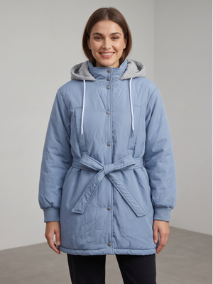 Women's Blue Hooded Puffer Jacket Belted XSmall
