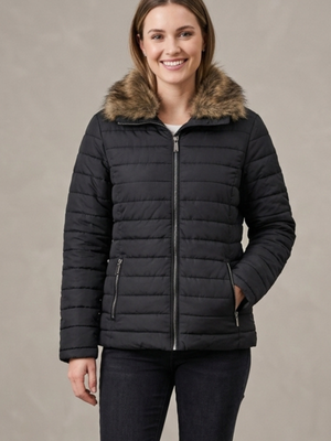 Women's Black Quilted Puffer Jacket Removable Faux Fur Collar Large