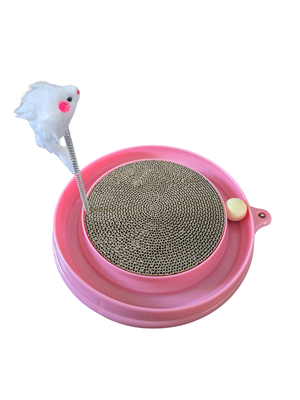 Interactive Pink Cat Scratcher Toy with Spring Mouse and Track Ball