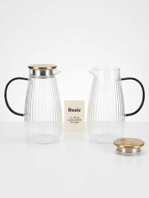 2L Ribbed Glass Water Pitcher with Gold Lid and Handle 2-Pack