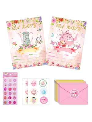 24-Piece Tea Party Birthday Invitations Set with Envelopes and Stickers