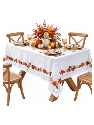 Autumn Fest Thanksgiving Bordered Leaves Fabric Holiday Dining Tablecloth 60" x 120"