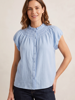 Women's Light Blue Smocked Mock Neck Button Down Blouse Size XL