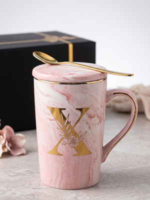 Pink Marble Ceramic Coffee Mug Letter X Gold Spoon Lid Gift Box Set