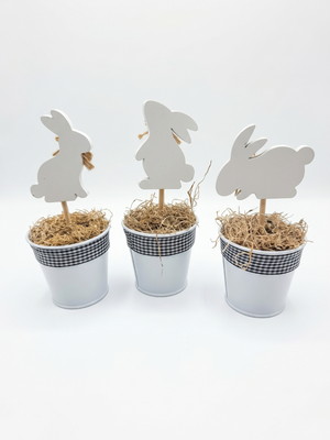 Set of 3 Easter Wooden Bunny Bucket Decorations 7" Farmhouse Spring Decor