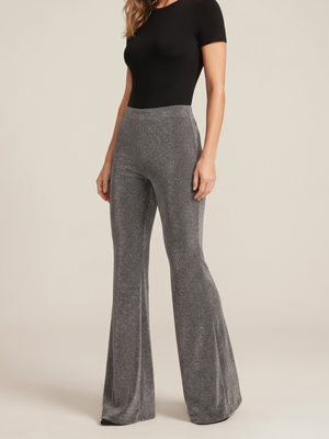 Silver Glitter Shimmer Flare Pants - Metallic Sparkle Pull-On Trousers Large