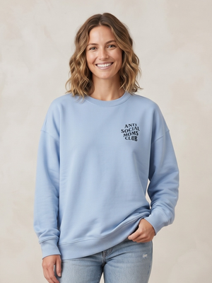 "Anti Social Moms Club" Blue Oversized Graphic Crewneck Sweatshirt Small