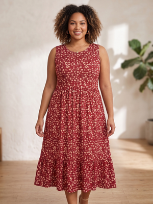 A woman modeling a sleeveless midi dress with a red and beige floral pattern, standing in a brightly lit room with a textured white wall and wooden floor.