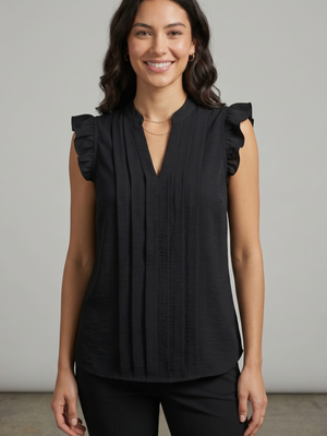 Black Pleated Blouse Ruffle Sleeve Top Small