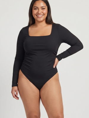 Black Ribbed Long Sleeve Square Neck Ruched Bodysuit Large