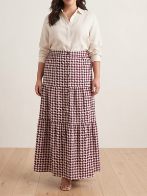 Burgundy Houndstooth Tiered Button-Front Midi Skirt Size XL