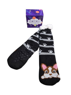 Corgi Puppy Fluffy Sherpa-Lined Grip Lounge Socks Size 6-9