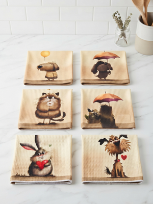 Cute Animal Waffle Weave Dish Towels Set of 6 Dog Cat Bunny Kitchen Towels 26"x18"