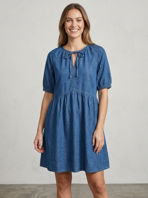Denim Dress Short Sleeve Tie Neck Smock Mini Dress Small