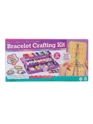 Bracelet Crafting Kit retail box on a white background, showing a purple organizer case, colorful beads and tools, and a wooden bracelet board with hands demonstrating use.