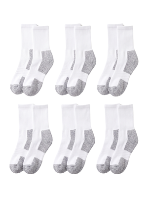 Six pairs of white crew socks with gray heels, toes, and soles, arranged in a 2x3 grid on a plain white background.