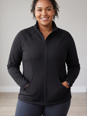 Black Full-Zip Mock Neck Athletic Workout Track Jacket Thumb Holes Size Large