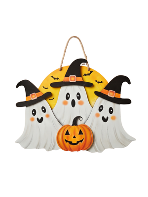 Ghosts and Pumpkin Halloween Wooden Hanging Sign Spooky Door Decor