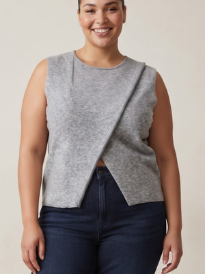 Gray Asymmetrical Crossover Knit Sweater Vest - Layering Pullover Top Large