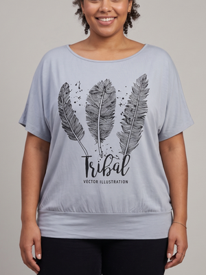 Women's Grey Tribal Feather Print Short Sleeve Top Banded Hem XL