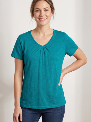 Hanes Teal Blue V-Neck Pleated Short Sleeve T-Shirt XL