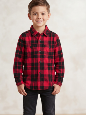 Red Black Buffalo Plaid Flannel Button-Up Shirt Size 7/8