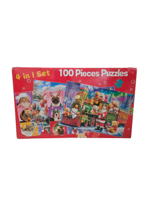 A boxed 4-in-1 set of 100-piece puzzles with a bright red border and a collage of holiday-themed puzzle images, including Santa Claus, a Christmas tree, and small animal scenes.