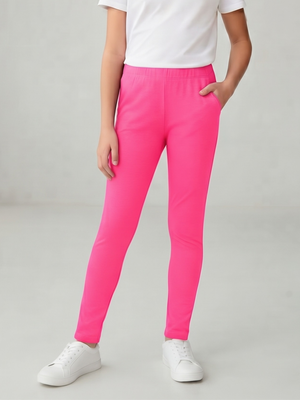 Hot Pink Cotton Blend Leggings - Girls Stretch Pants Size 10-12Y