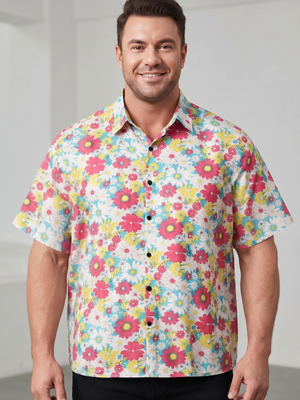 Button-Up Short Sleeve Shirt - Retro Daisy Tropical Beach Top XL