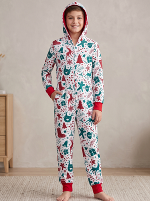 Holiday Christmas Red & Green Festive Print Hooded One-Piece Pajamas Onesie Sleeper Size 10-12