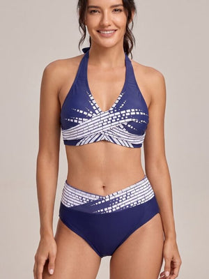 Navy Blue Geometric Wrap Halter High Waisted Bikini Swimsuit Set Medium