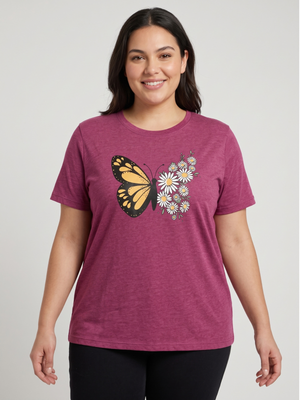 Maroon Heather Butterfly & Daisies Graphic Tee XL