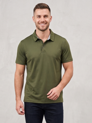 Olive Army Green Short Sleeve Performance Polo Shirt Contrast Striped Collar Medium